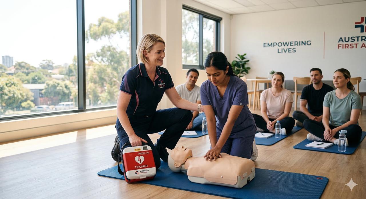 CPR training session with first aid instructor teaching students